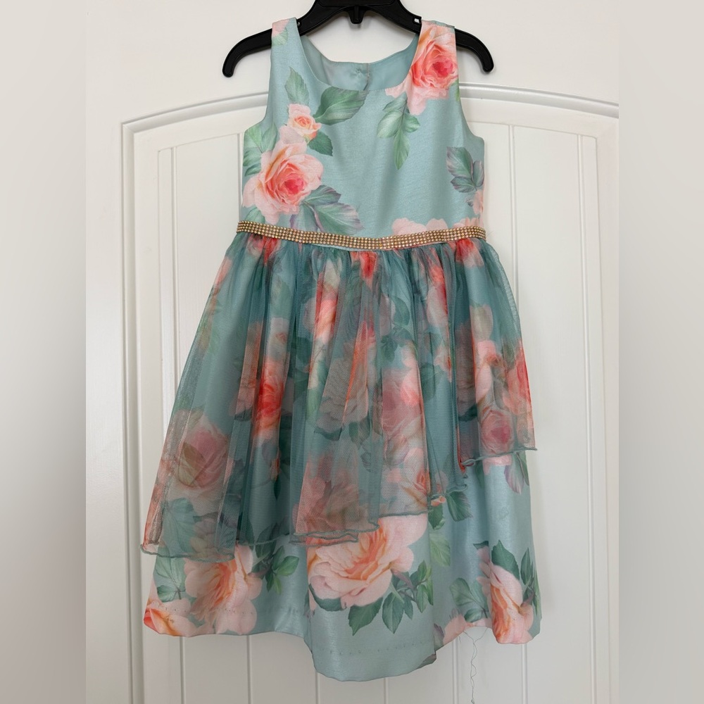 Bonnie Jean Aqua Floral Dress with Gold Accent